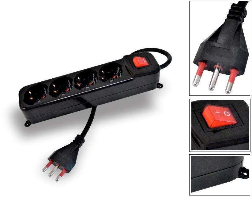 CIABATTA MULTIPRESA TRIVALENTE 4 PRESE 10A 16A SCHUKO USCITE 2P+T INTERRUTTORE LUMINOSO CAVO CORRENTE 1.5MT 3X1.5MM2 - TechSoundSystem.com