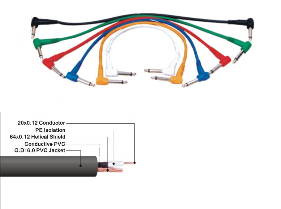 EXTREME JCJC01 CAVO JACK CURVO MONO-JACK CURVO MONO 1/4" 6.3mm 0,1 MT SET 6 CAVI COLORATI - TechSoundSystem.com