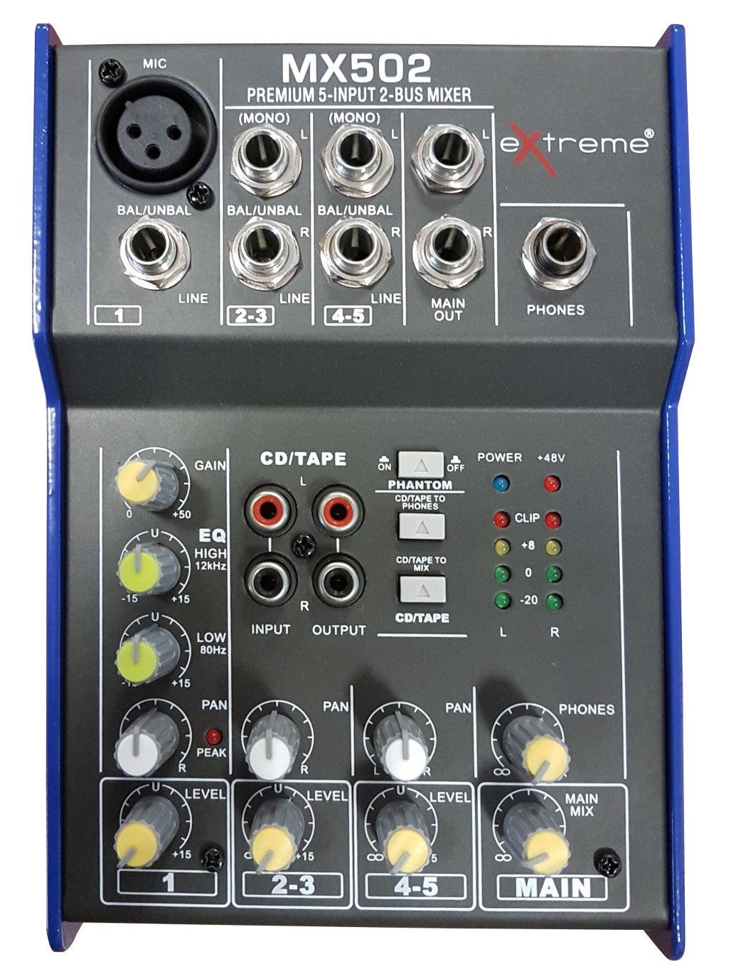 EXTREME MX502 MIXER 3 CANALI COMPATTO PER LIVE PHANTOM POWER +48V + CD TAPE IN E OUT - TechSoundSystem.com