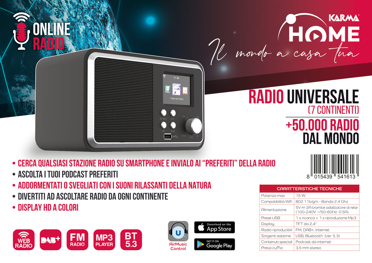 Karma HOME Radio FM/DAB+ e internet radio, Bluetooth , USB