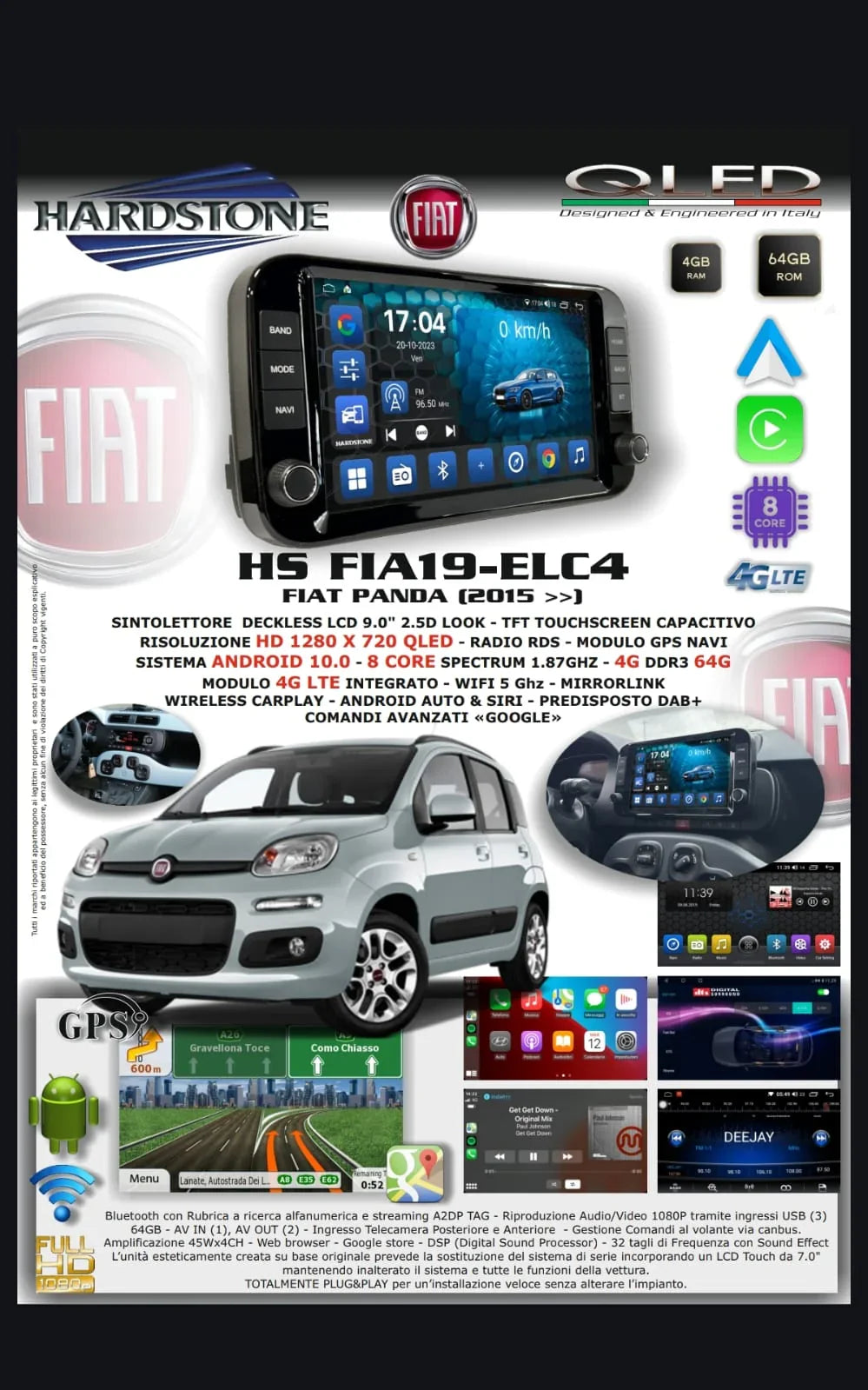 Hardstone HS FIA19-ELC4 Autoradio Android per FIAT PANDA (2015 in poi), 8 CORE