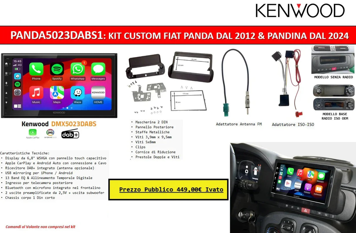 KENWOOD DMX5023DABS + Kit Fiat Panda dal 2012 e Pandina dal 2024