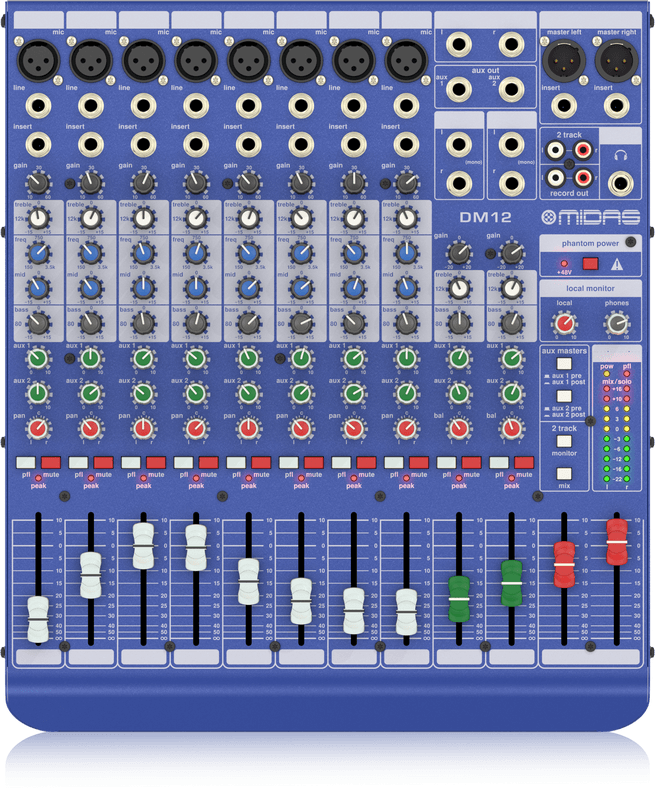 MIDAS DM12 MIXER LIVE E DA STUDIO 12 CANALI 8 MICROFONICI + 2 STEREO 2 AUX SEND EQ 3 BANDE MEDIO SEMI PARAMETRICO + PHANTOM POWER - TechSoundSystem.com