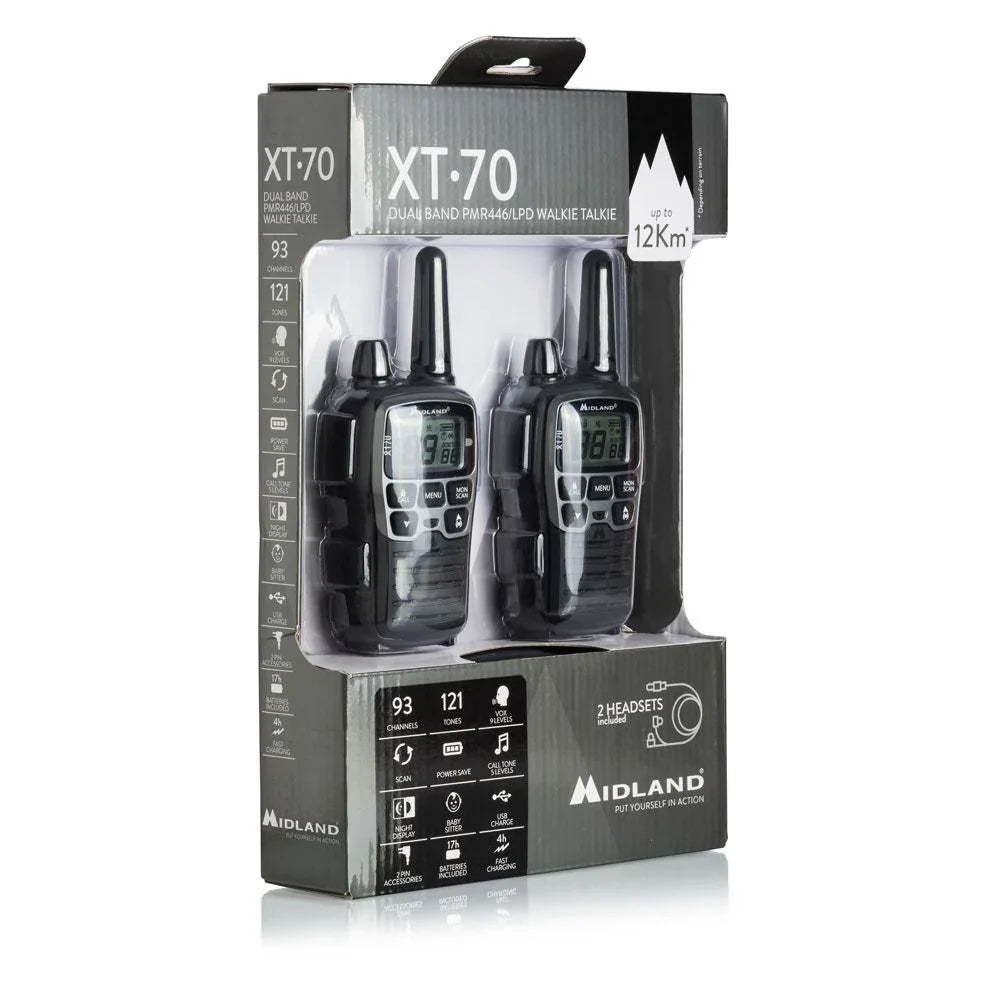 MIDLAND XT70 DOPPIO WALKIE TALKIE RICARICABILE USB CON CARICABATTERIE E AURICOLARI