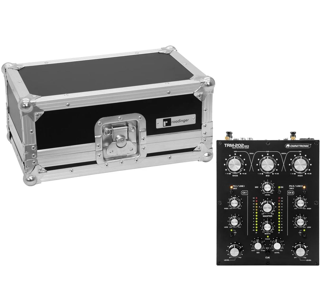 OMNITRONIC SET TRM202 MK3 MIXER ROTATIVO 2 CANALI PER DJ 2 CANALI + CASE ROADINGER