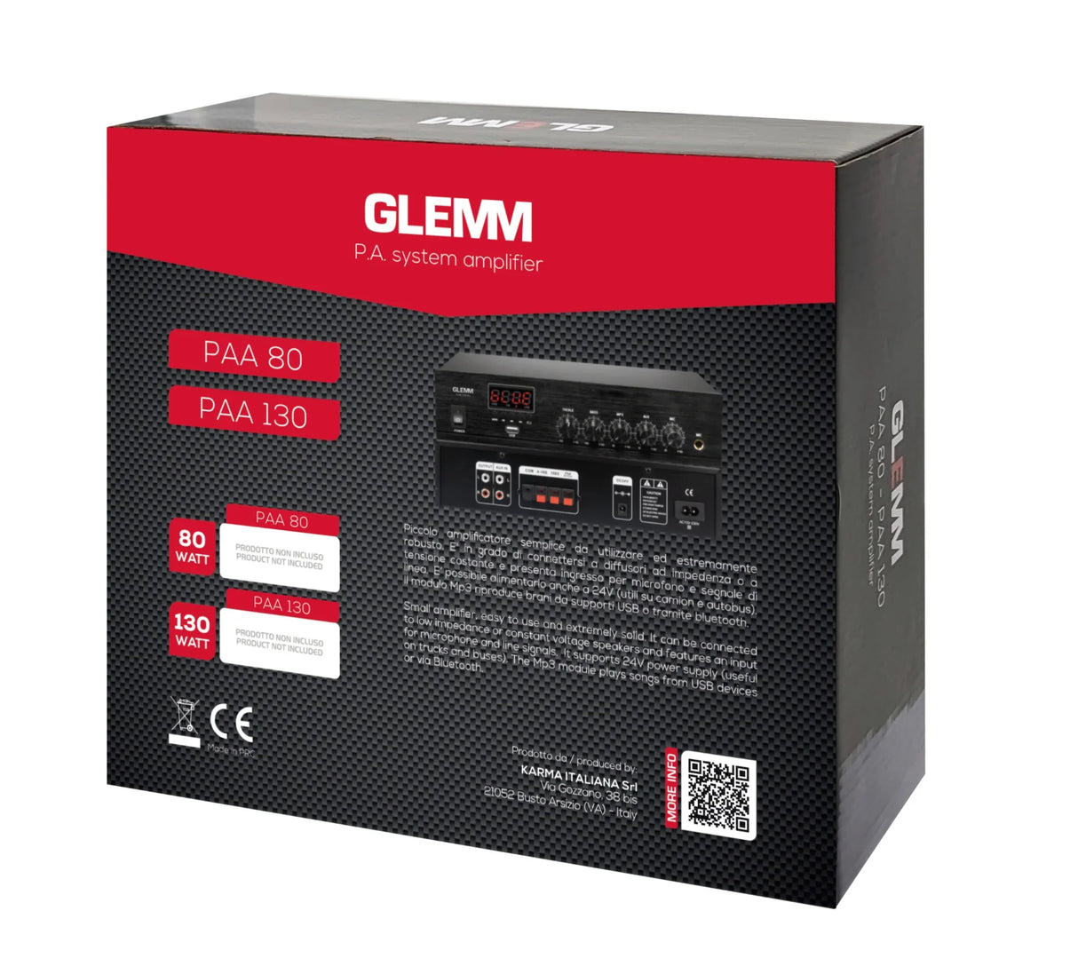 GLEMM PAA 130 Mini amplificatore classe D 130W su 4-16ohm o 70/100V - alimentazione 24V
