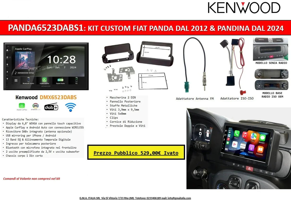 KENWOOD DMX6523DABS + Kit Fiat Panda dal 2012 e Pandina dal 2024