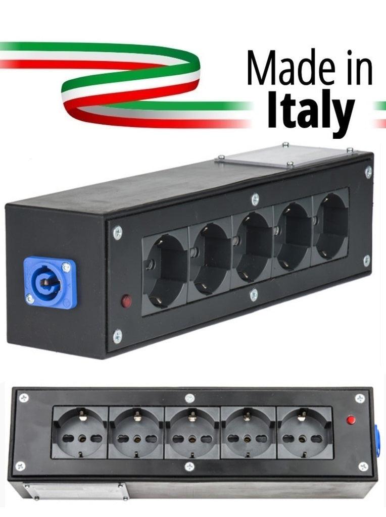 POWER-BOX NERO CIABATTA ALIMENTAZIONE PALCO MADE IN ITALY SPIA RETE INGRESSO NEUTRIK POWERCON BLU 20A 3P POWER-IN USCITE 5 SCHUKO - TechSoundSystem.com