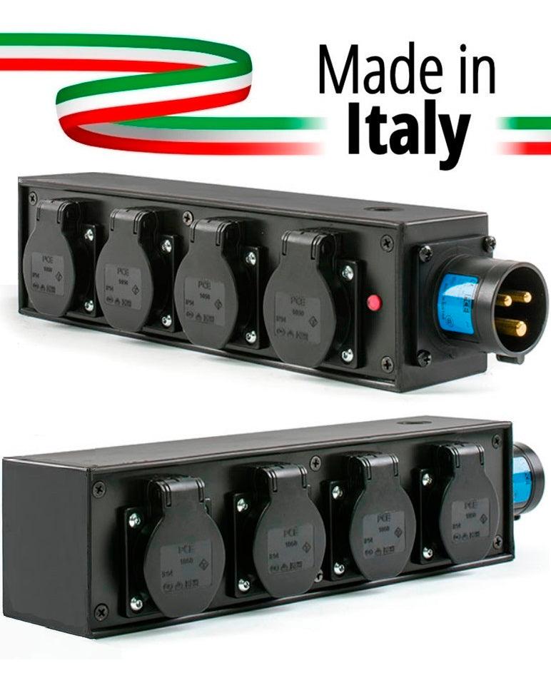 POWERBOX NERO CIABATTA ALIMENTAZIONE PALCO MADE IN ITALY SPIA RETE INGRESSO SPINA 16A 3P 4-USCITE SHUKO 16AMP 3P IP54 - TechSoundSystem.com