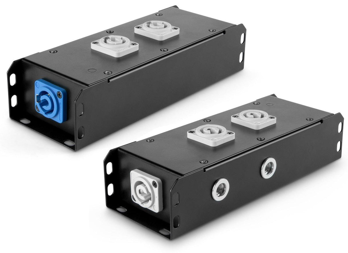 POWER-BOX NERO CIABATTA ALIMENTAZIONE PALCO POWERCON INGRESSO POWER TWIST IN BLU USCITE 2 20AMP POWER TWIST OUT GRIGIO LOOP 20A POWER-OUT GREY - TechSoundSystem.com