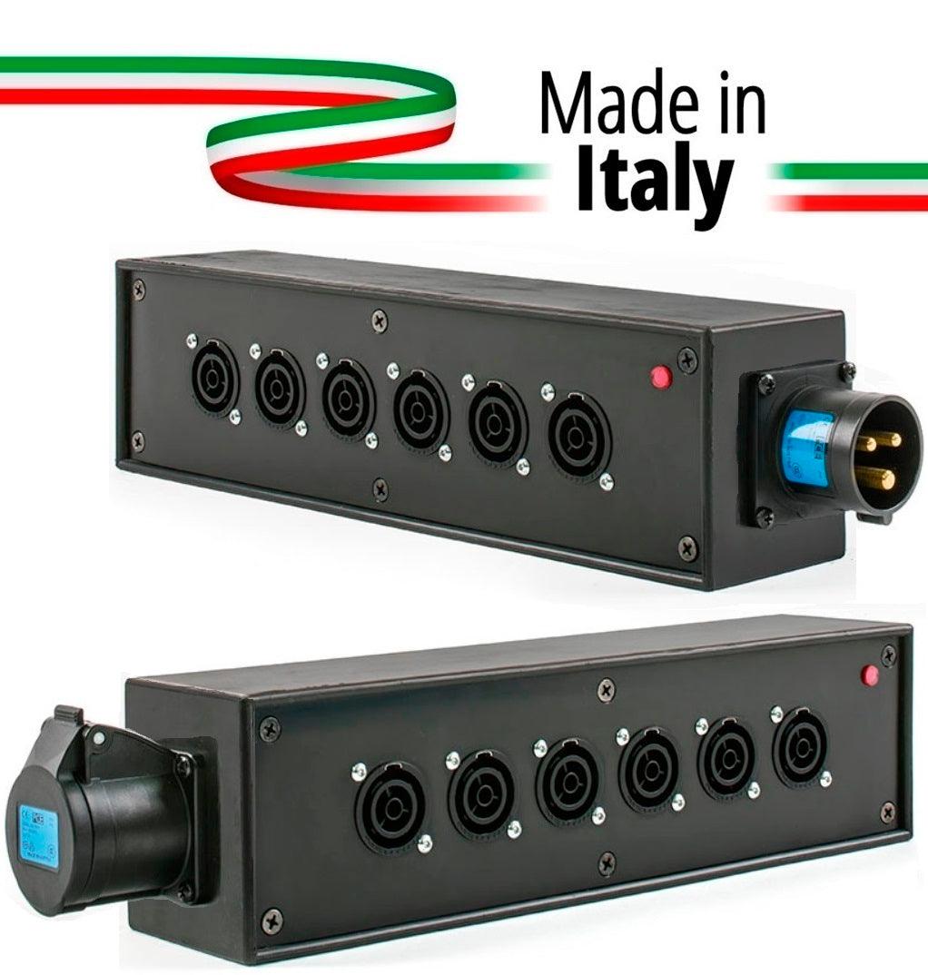 POWER-BOX NERO CIABATTA ALIMENTAZIONE PALCO POWERCON MADE IN ITALY SPIA RETE INGRESSO 16A 3P USCITE 6 POWERCON TRUE1 16A LOOP 16A 3P - TechSoundSystem.com