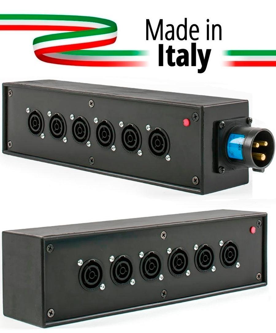 POWER-BOX NERO CIABATTA ALIMENTAZIONE PALCO POWERCON MADE IN ITALY SPIA RETE INGRESSO 16A 3P USCITE 6 POWERCON TRUE1 16A - TechSoundSystem.com
