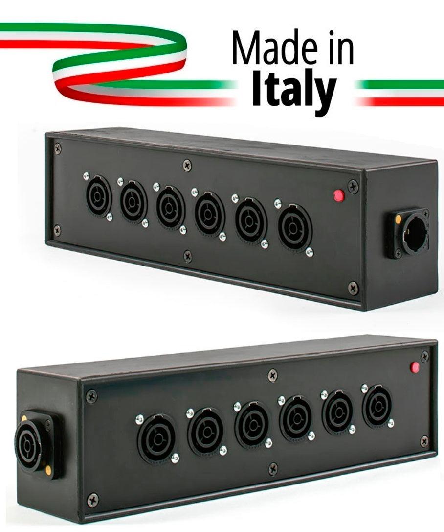 POWER-BOX NERO CIABATTA ALIMENTAZIONE PALCO POWERCON MADE IN ITALY SPIA RETE INGRESSO POWERCON TRUE1 16A USCITE 6 TRUE1 16A LOOP TRUE1 16A - TechSoundSystem.com