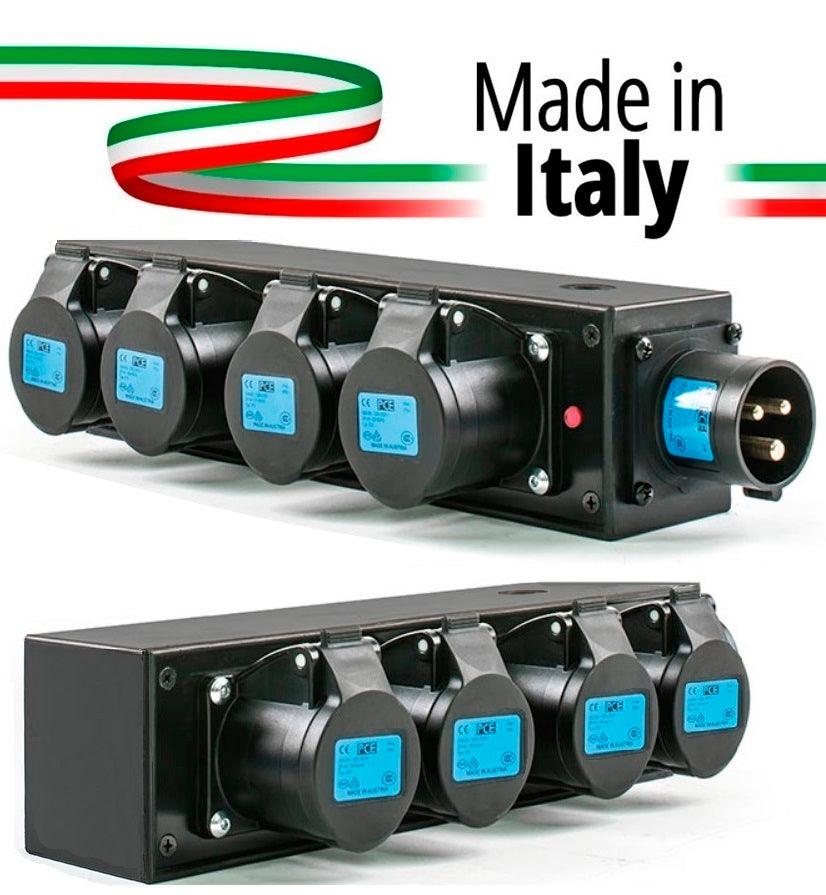 POWERBOX NERO CIABATTA ALIMENTAZIONE PALCO MADE IN ITALY SPIA RETE INGRESSO SPINA 16A 3P+N+T USCITE 4 X 16A - TechSoundSystem.com