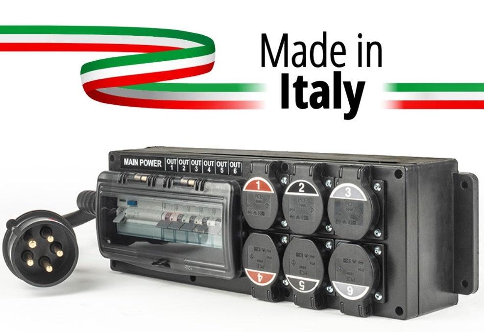 POWER-BOX SPINA 32A 5P 3P+N+T IN MASCHIO 6 USCITE PRESA SCHUKO 16A 3P IP54 - DOPPIA PROTEZIONE RCCB 40A + 6 MCB - TechSoundSystem.com