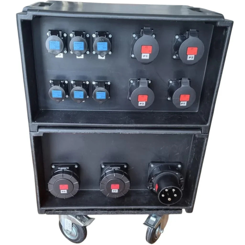 POWERBOX 125A SU RUOTE PRESE 2x63A 4x32A 6x16A3P + 3 SPIE VOLTOMETRO AMPEROMETRO