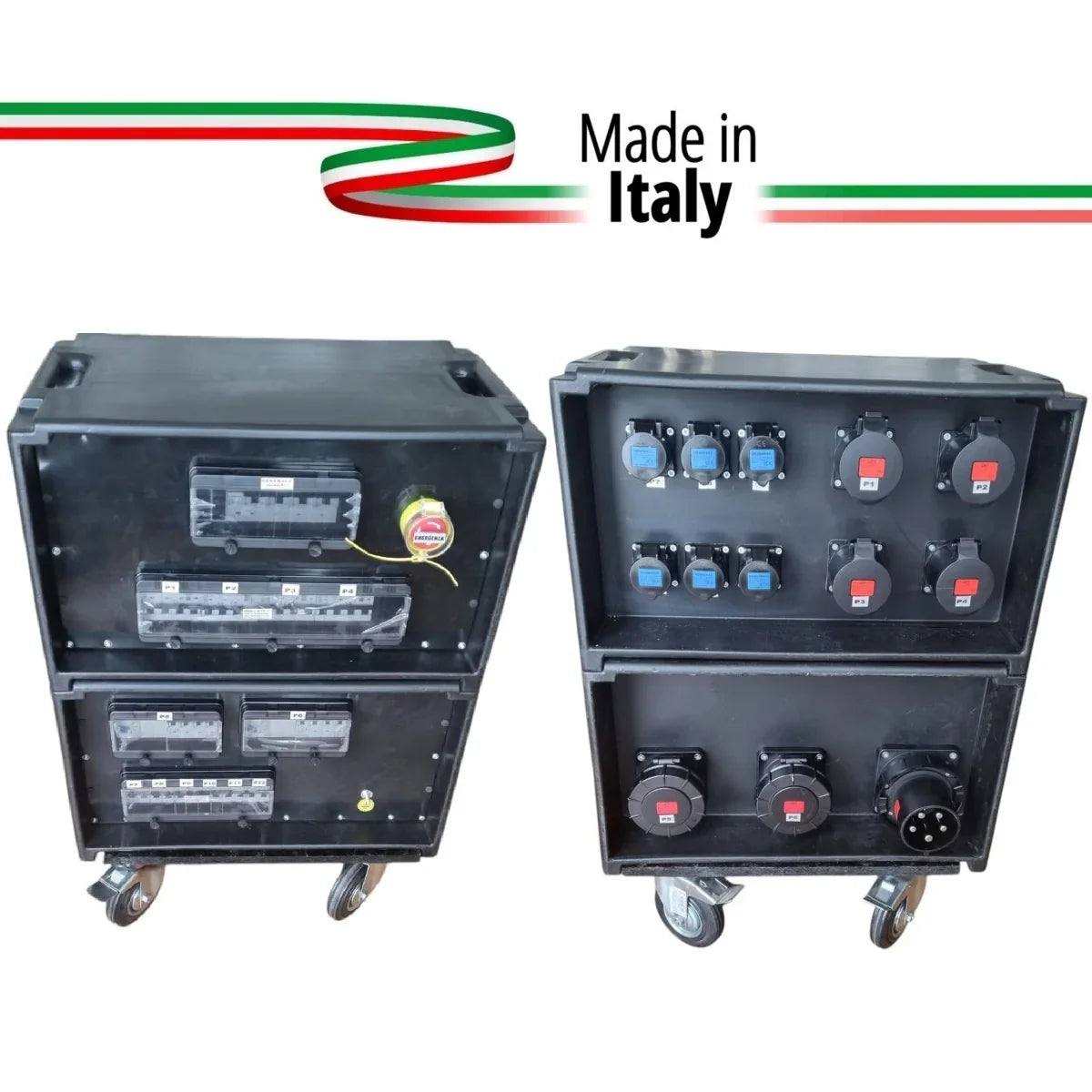 POWERBOX 125A SU RUOTE PRESE 2x63A 4x32A 6x16A3P + 3 SPIE VOLTOMETRO AMPEROMETRO