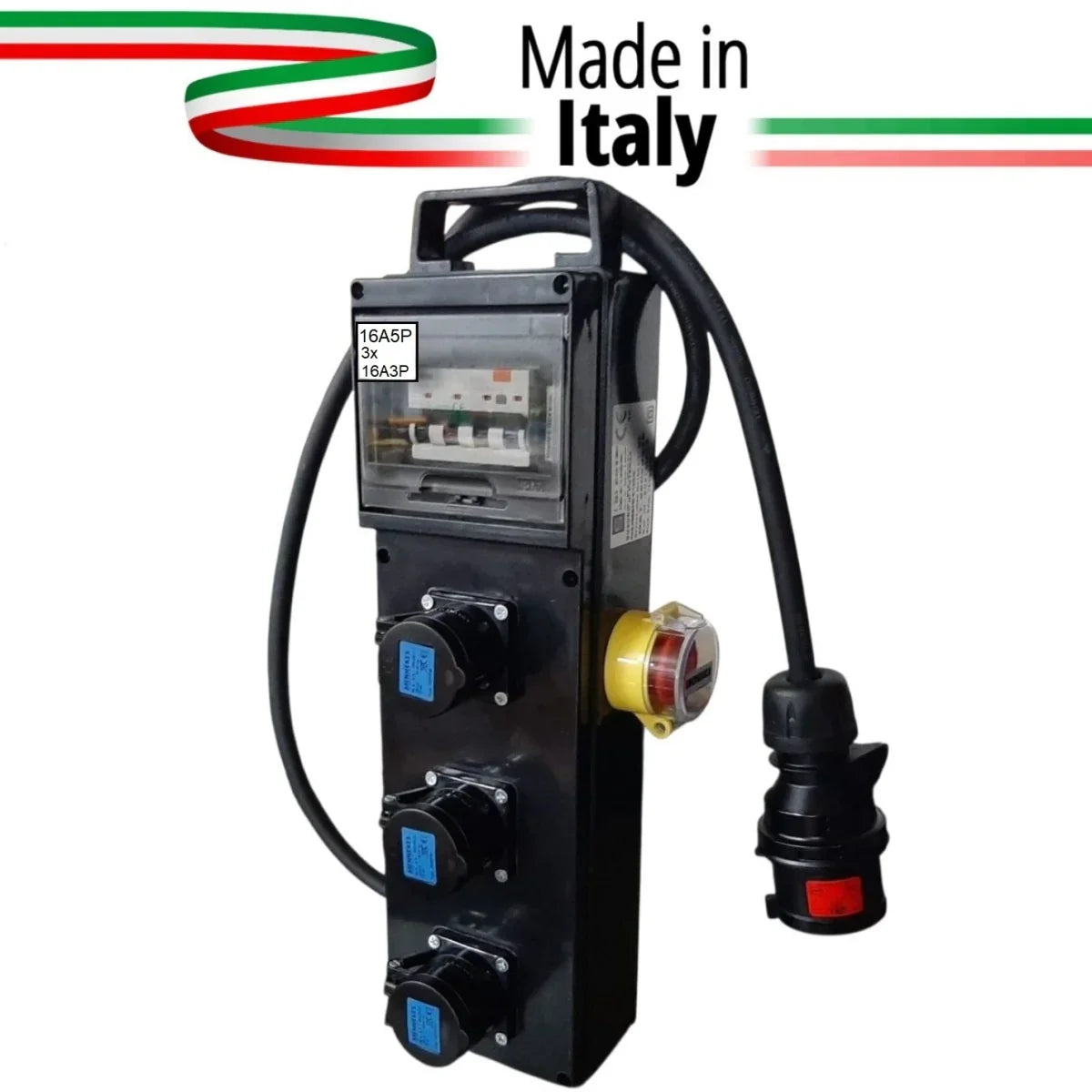 QUADRO CORRENTE POWERBOX DA SPINA 16A 5P TRIFASE A 3 PRESE CEE 16A 3P MONOFASE CON PULSANTE SICUREZZA