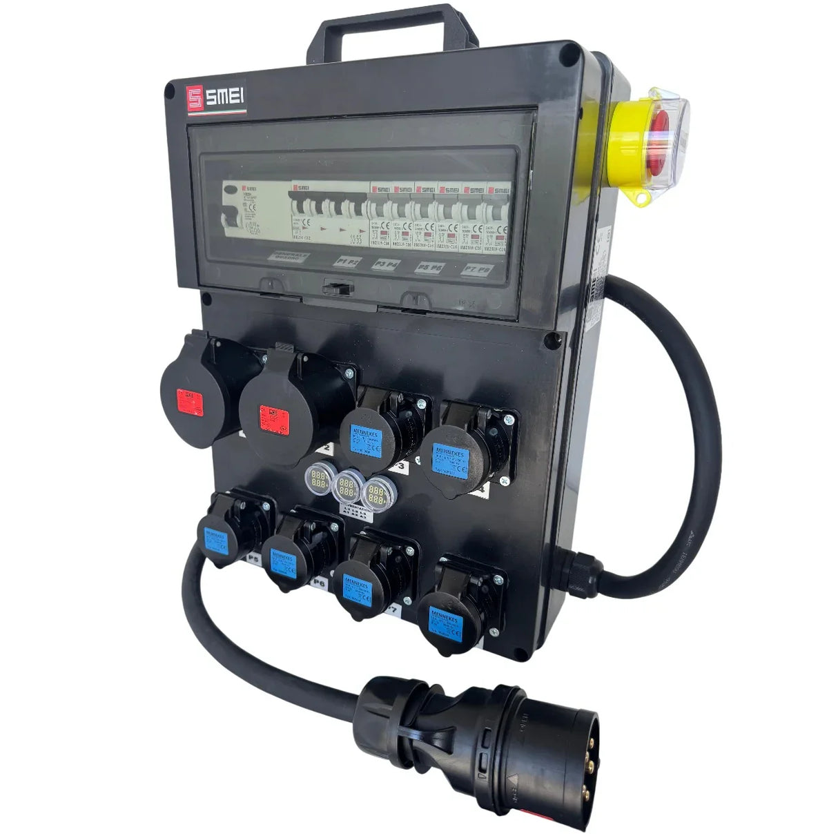 QUADRO CORRENTE POWERBOX SPINA 32A PENTAPOLARE TRIFASE 6 PRESE CEE 16A MONOFASE + 2 32A 5P 3 SPIE VOLTOMETRO AMPEROMETRO EMERGENZA DIFFERENZIALE