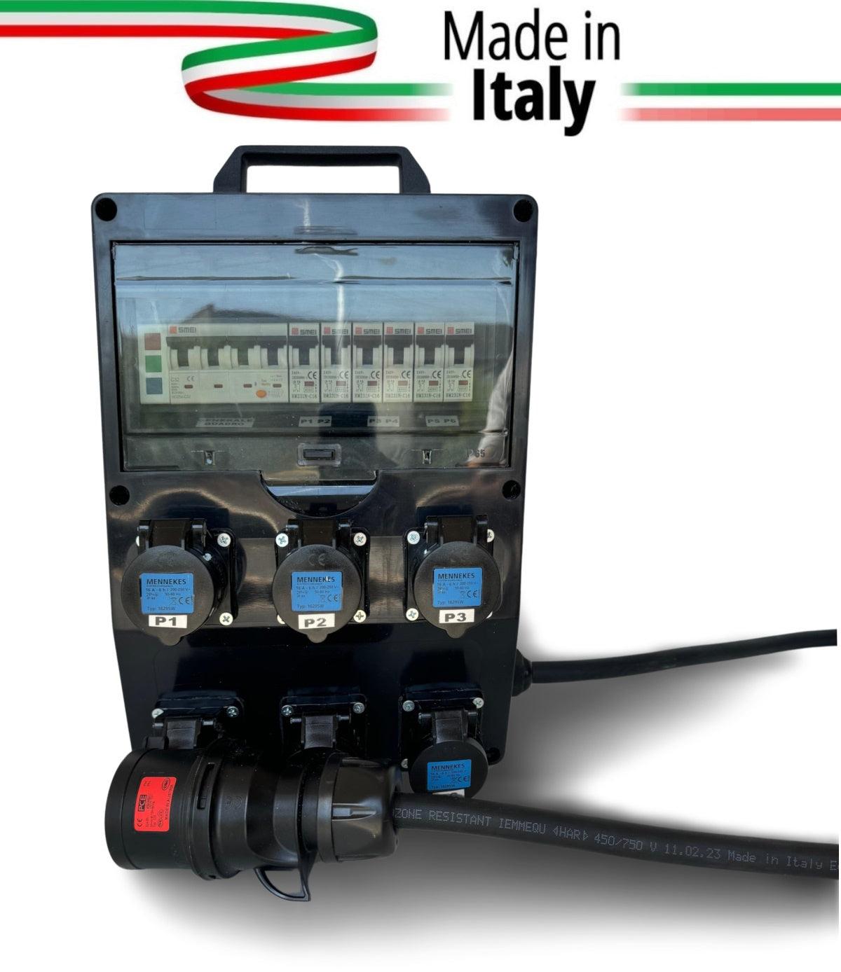 QUADRO CORRENTE POWERBOX SPINA 32A TRIFASE 6 PRESE CEE 16A MONOFASE 3 SPIE DI RETE CAVO 5X6MM2 DA 2MT - TechSoundSystem.com
