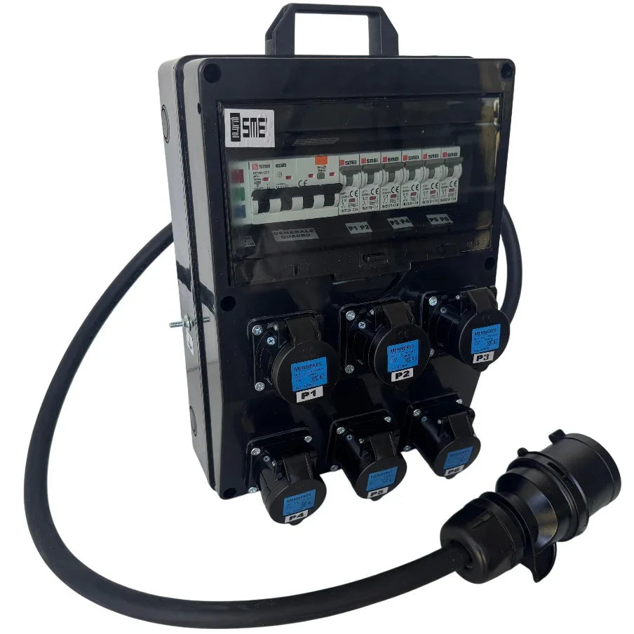QUADRO CORRENTE POWERBOX SPINA 32A TRIFASE 6 PRESE CEE 16A MONOFASE 3 SPIE DI RETE PULSANTE SICUREZZA