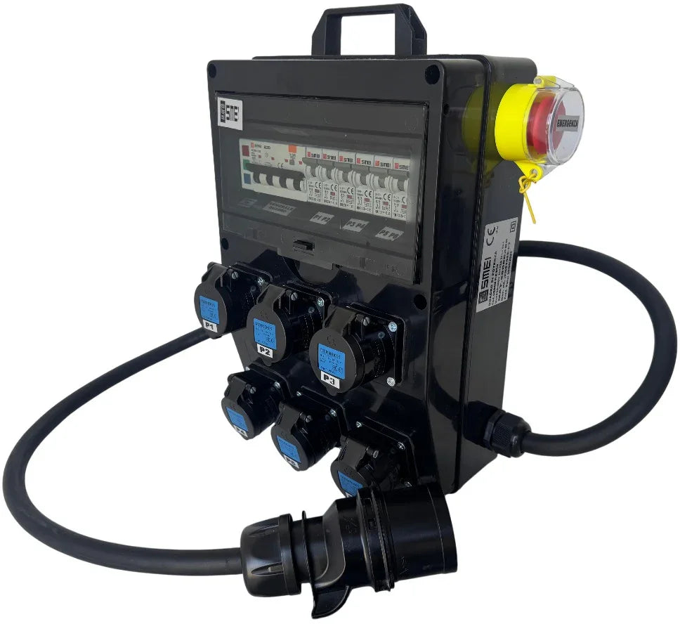 QUADRO CORRENTE POWERBOX SPINA 32A TRIFASE 6 PRESE CEE 16A MONOFASE 3 SPIE DI RETE PULSANTE SICUREZZA