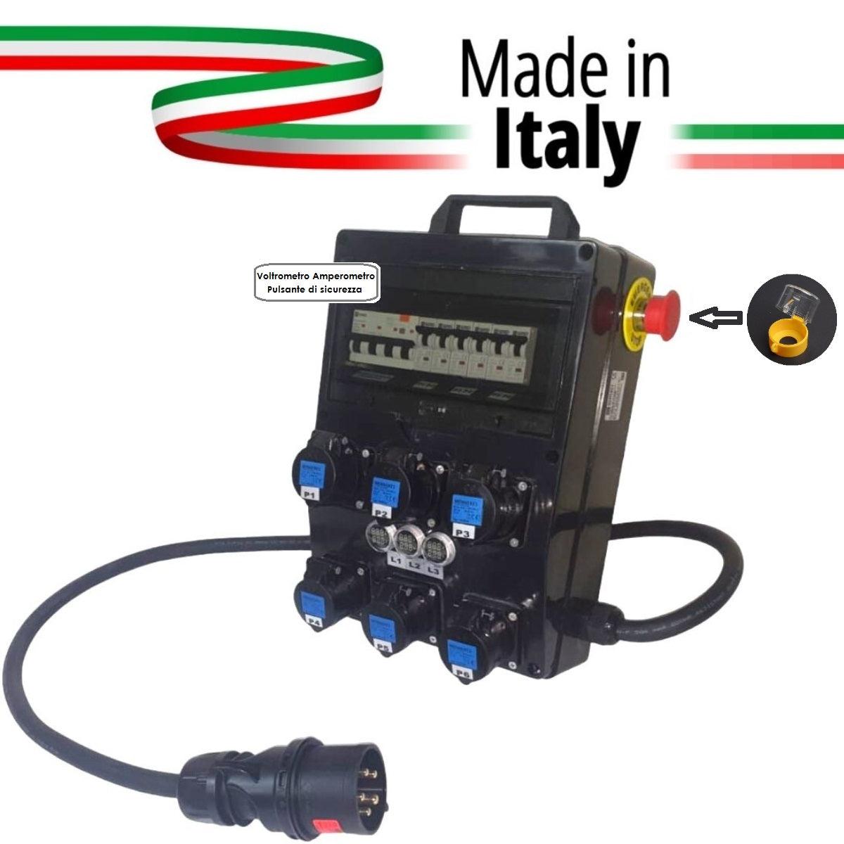 QUADRO CORRENTE POWERBOX SPINA 32A TRIFASE 6 PRESE CEE 16A MONOFASE 3 SPIE VOLTOMETRO AMPEROMETRO EMERGENZA 2MT. CAVO 5G6MM2 - TechSoundSystem.com