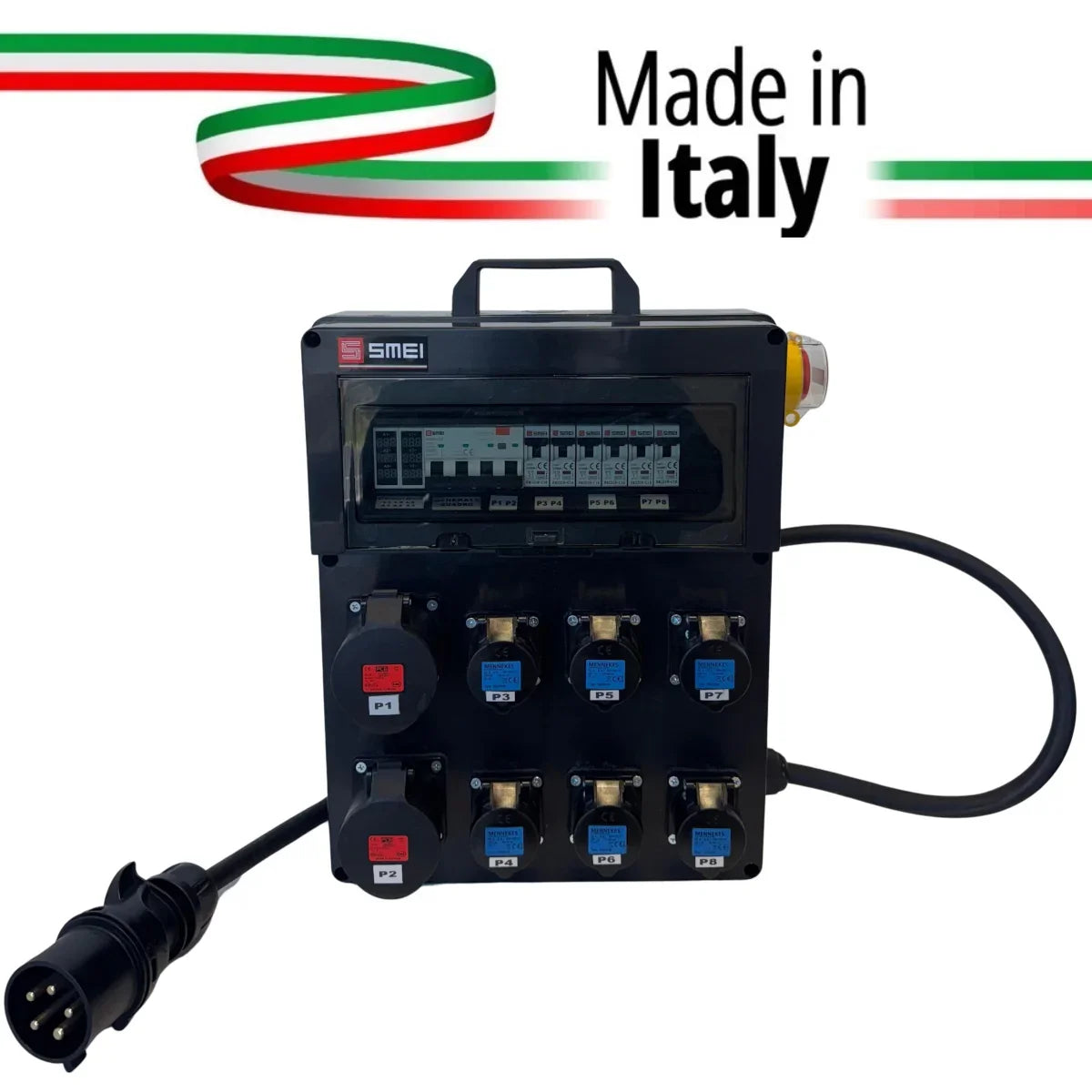 QUADRO CORRENTE POWERBOX SPINA 32A TRIFASE 6 PRESE CEE 16A MONOFASE VOLTOMETRO AMPEROMETRO EMERGENZA 2MT. CAVO 5G6MM2 CON RILANCI