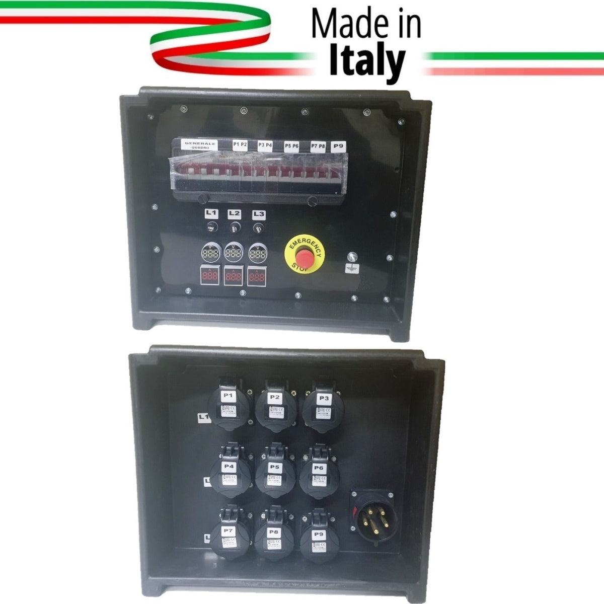 QUADRO CORRENTE POWERBOX SPINA 32A PENTAPOLARE TRIFASE 9 PRESE CEE 16A MONOFASE 3 SPIE VOLTOMETRO AMPEROMETRO EMERGENZA - TechSoundSystem.com