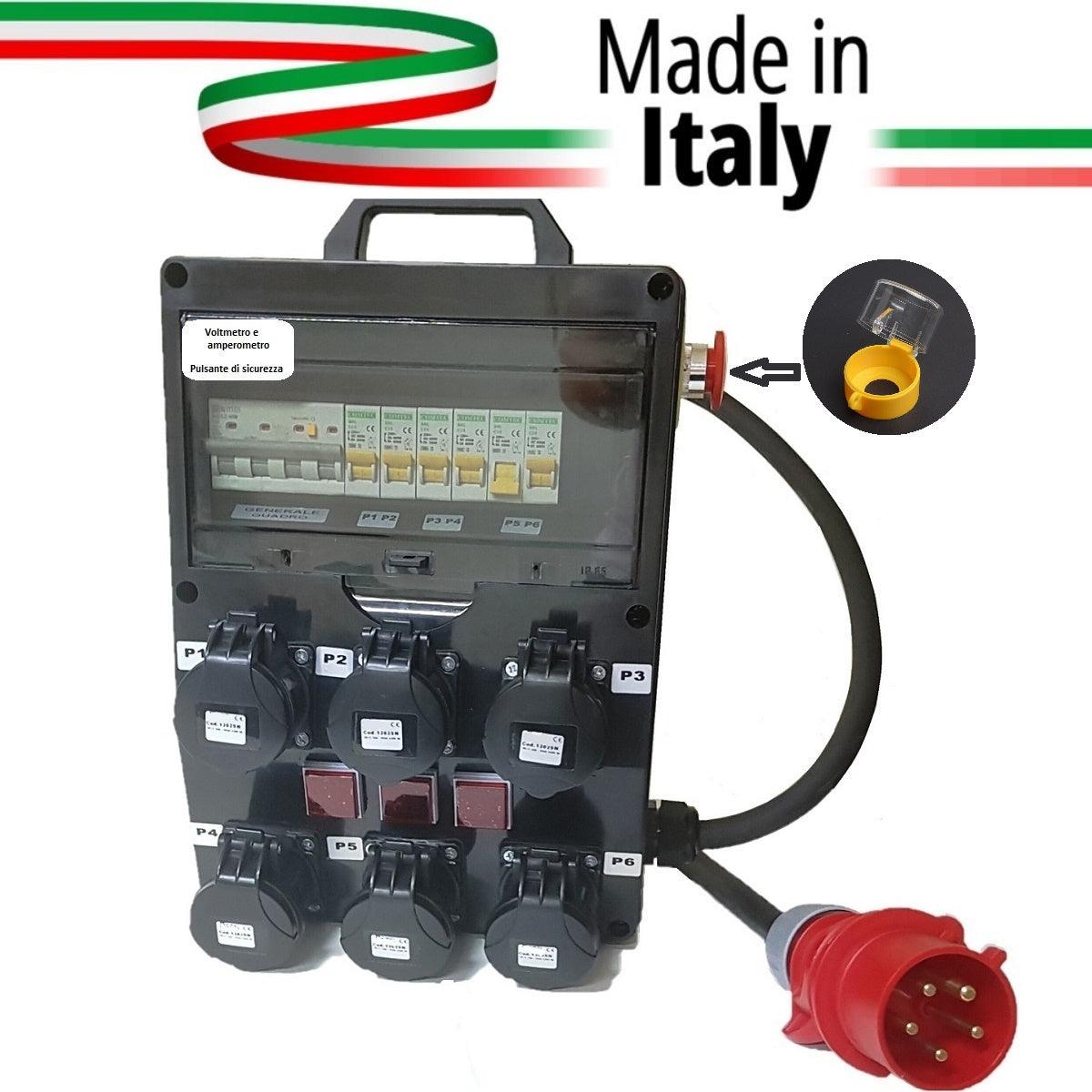 QUADRO POWERBOX SPINA 32A TRIFASE 6 PRESE CEE 16A MONOFASE 3 SPIE VOLT-AMPERE PULSANTE EMERGENZA COPERTO - TechSoundSystem.com