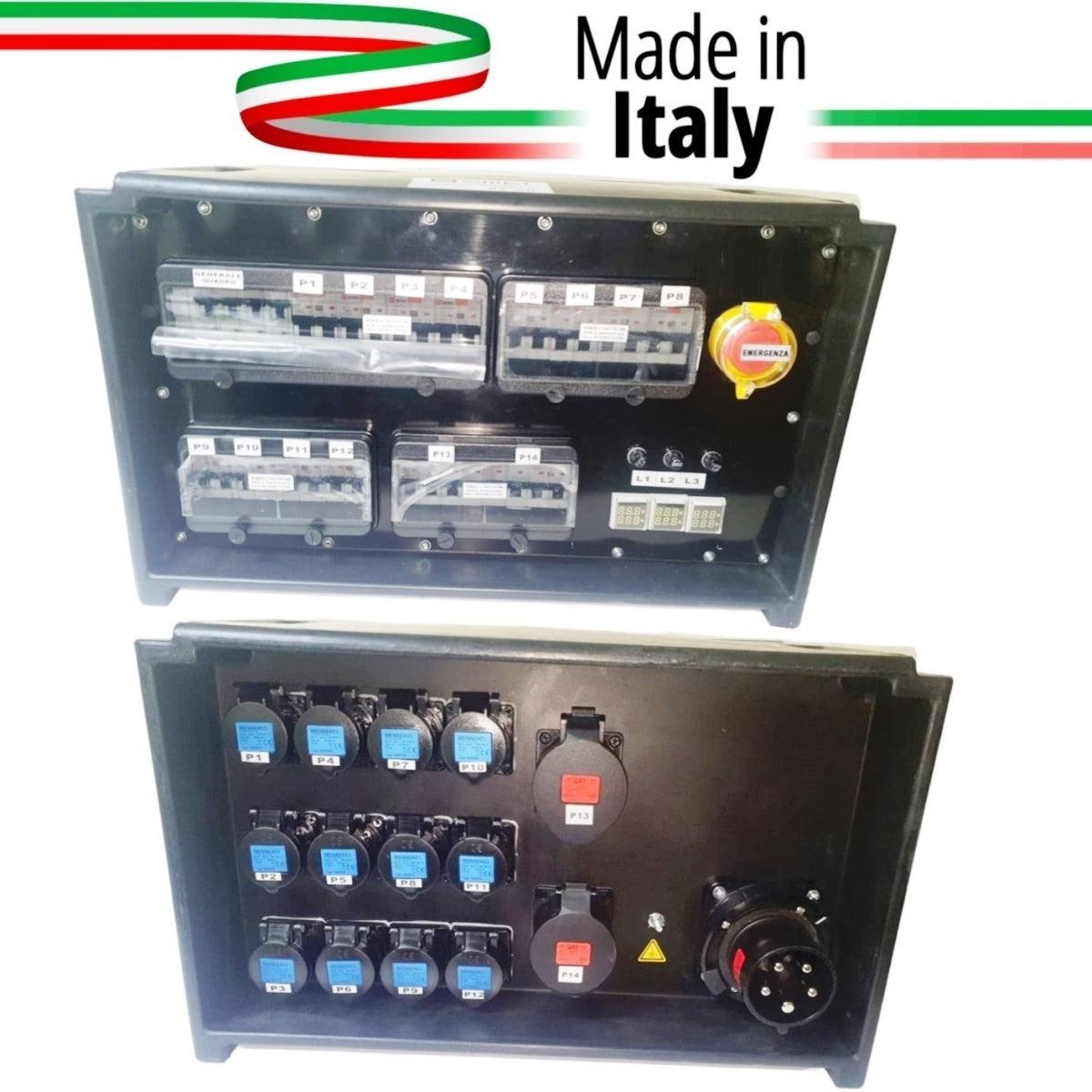 QUADRO CORRENTE POWERBOX SPINA 63A PENTAPOLARE TRIFASE 12 PRESE CEE 16A MONOFASE + 2 32A 5P 3 SPIE VOLTOMETRO AMPEROMETRO EMERGENZA - TechSoundSystem.com