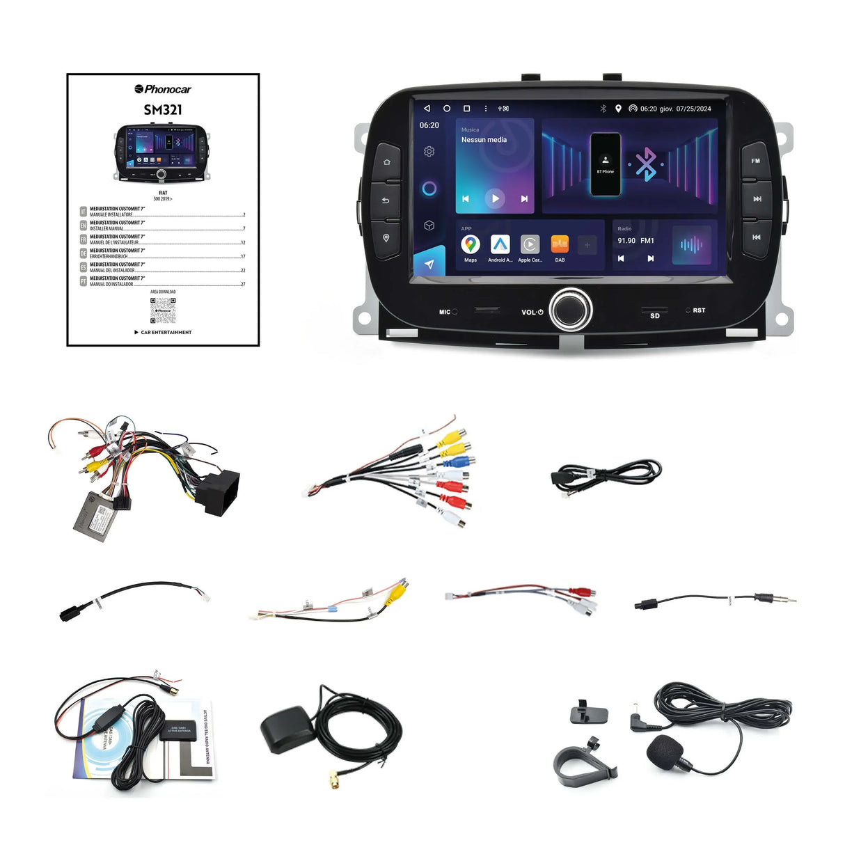 Phonocar SM321 Autoradio per FIAT 500 anno 2016-2019 CUSTOM FIT 7" Android 13