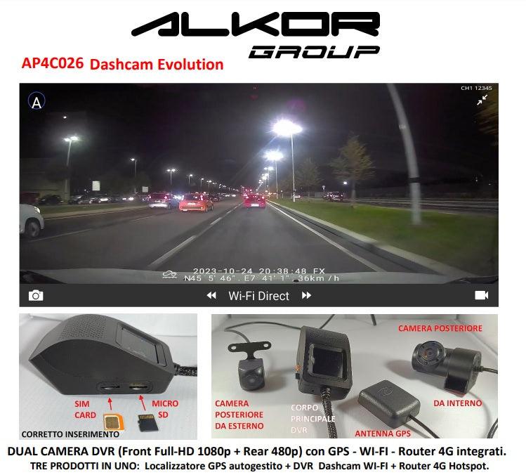ALKOR AP4C026-I DUAL CAMERA DVR - FRONT FULL-HD 1080P + REAR 480P DA INTERNO - GPS - WI-FI - ROUTER 4G - TechSoundSystem.com