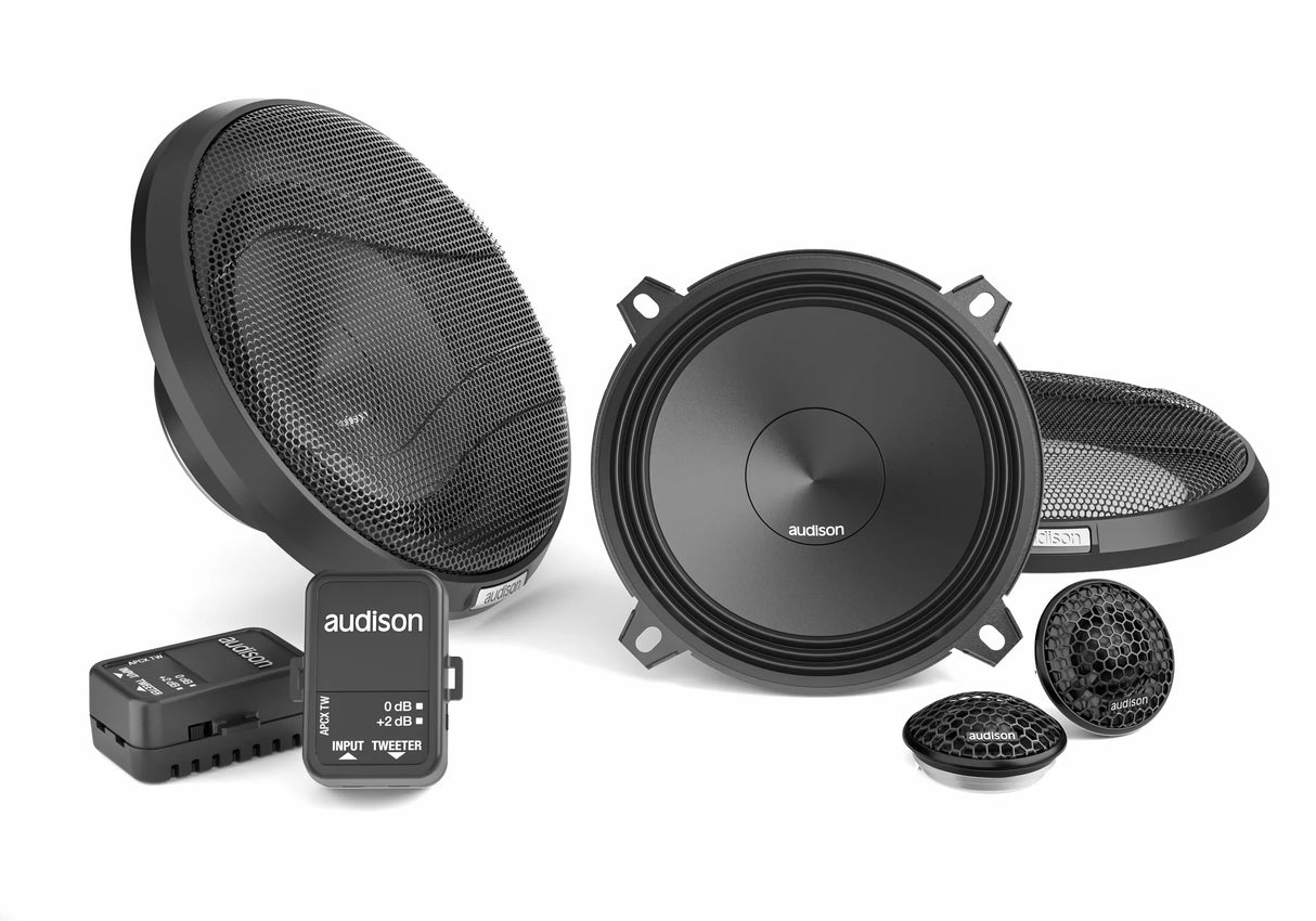 Audison APK 130 kit altoparlanti due vie 130mm woofer AP 5 con griglie, tweeter AP1 e crossover APCX TW 4 ohm 225W
