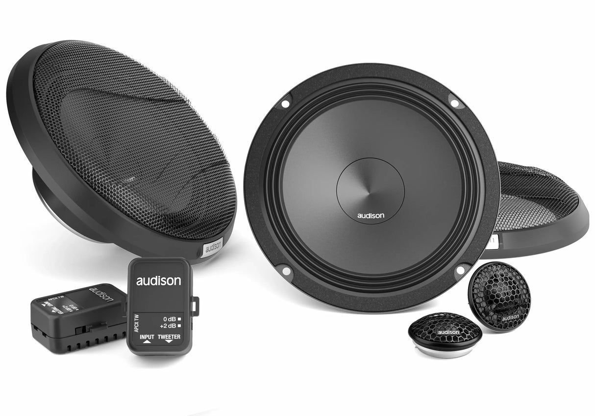 Audison APK 165 kit altoparlanti due vie 165mm woofer AP 6,5 con griglie, tweeter AP1 e crossover 4 ohm 300W
