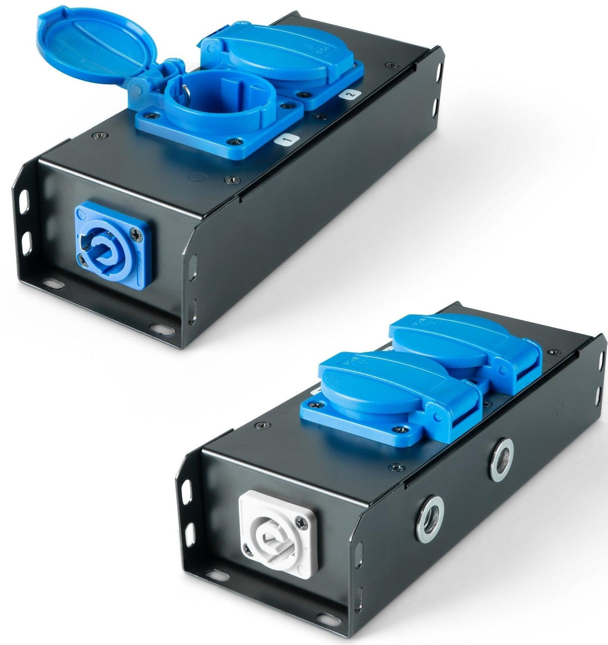POWER-BOX NERO CIABATTA ALIMENTAZIONE PALCO POWERCON INGRESSO POWER TWIST IN BLU USCITE 2 SCHUKO OUT LOOP 20A POWER-OUT GRIGIO - TechSoundSystem.com