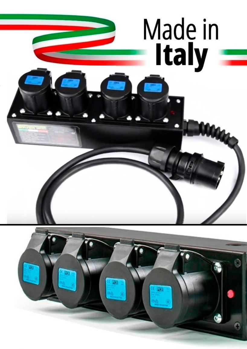 POWERBOX NERO CIABATTA ALIMENTAZIONE PALCO MADE IN ITALY SPIA RETE INGRESSO SPINA VOLANTE 16A 3P+N+T USCITE 4 X 16A - TechSoundSystem.com