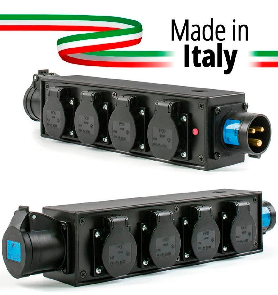 POWERBOX NERO CIABATTA ALIMENTAZIONE PALCO MADE IN ITALY SPIA RETE INGRESSO SPINA 16A 3P 4-USCITE SHUKO 16AMP 3P IP54 E PRESA LOOP OUT 16A - TechSoundSystem.com