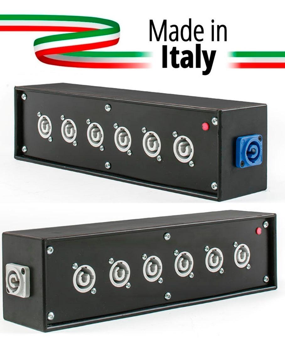 POWER-BOX NERO CIABATTA ALIMENTAZIONE PALCO POWERCON MADE IN ITALY SPIA RETE INGRESSO 16A 3P USCITE 6 20AMP POWER-OUT GREY LOOP 20A POWER-OUT - TechSoundSystem.com