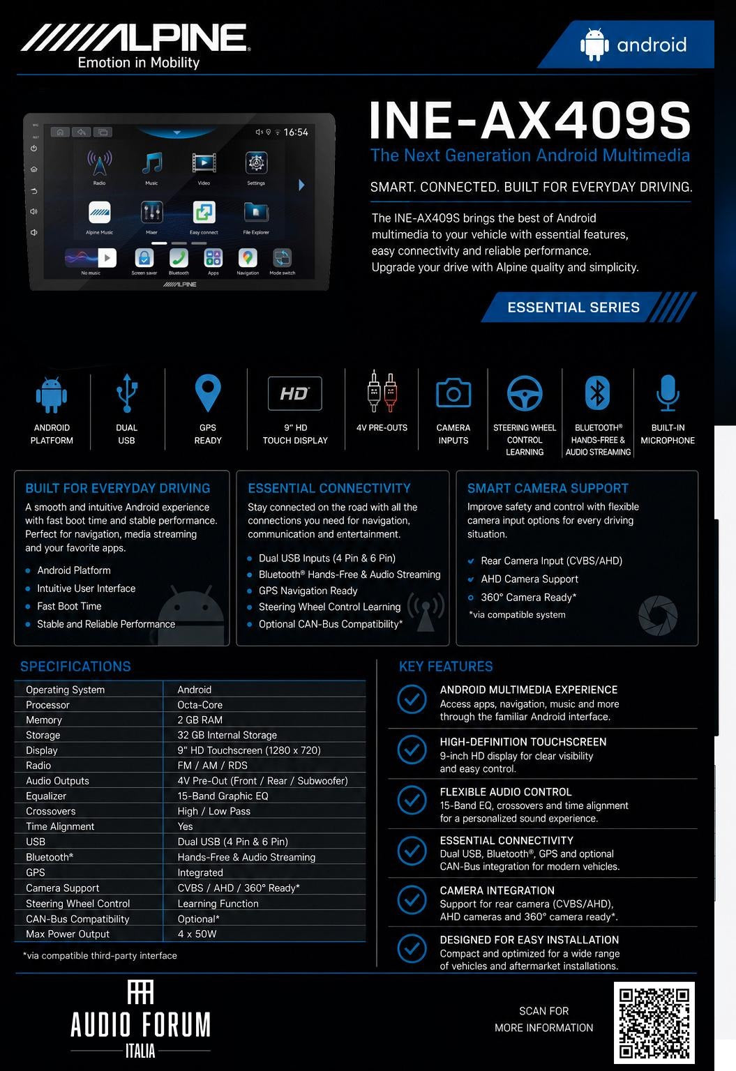 Alpine INE-AW409S Autoradio multimediale universale HI-RES, Alpine OS da 9 pollici (4+64G)