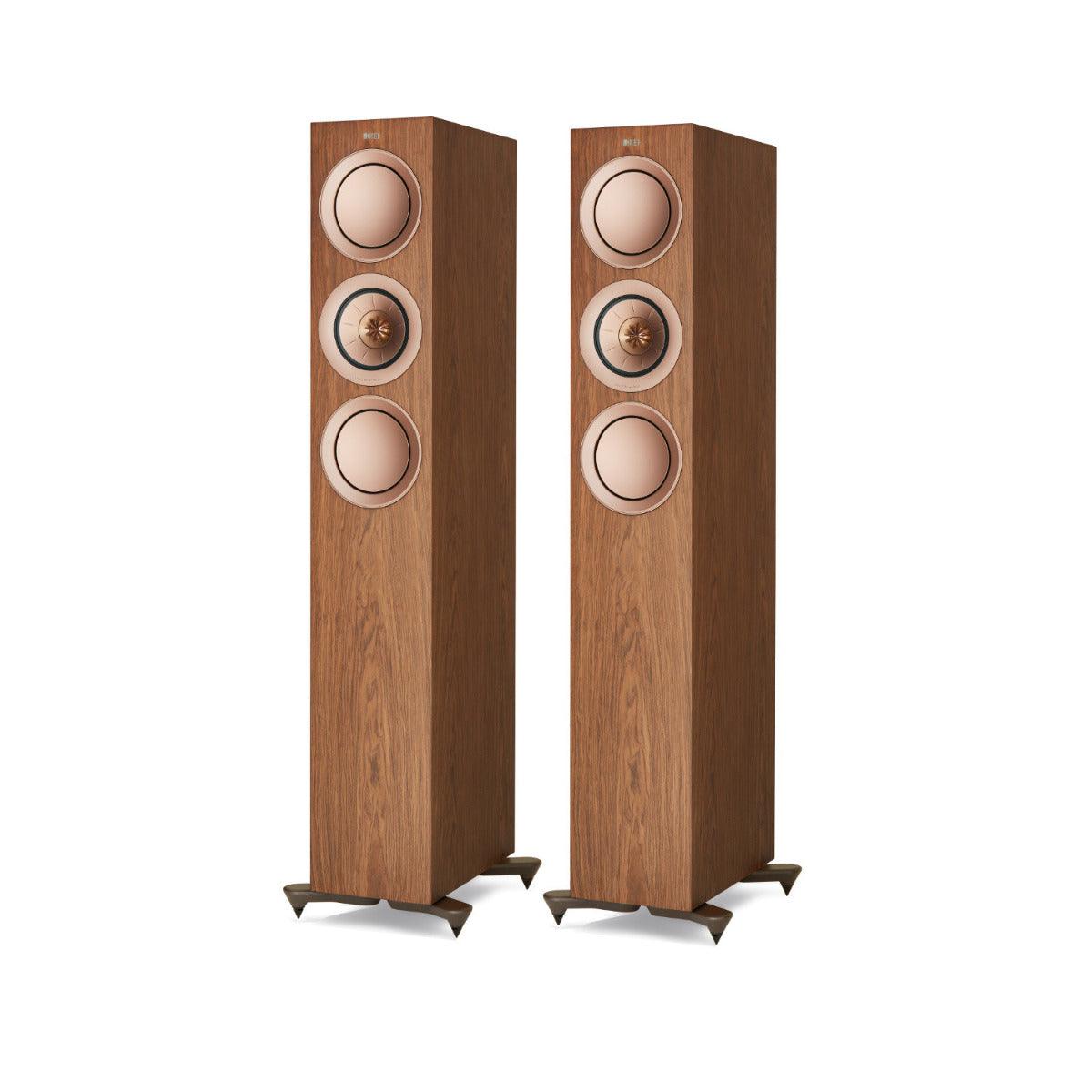 Kef R5 WALNUT coppia diffusori da pavimento TRE Vie Bass Reflex. Uni-Q Tweeter 25mm + Mid 125mm - TechSoundSystem.com