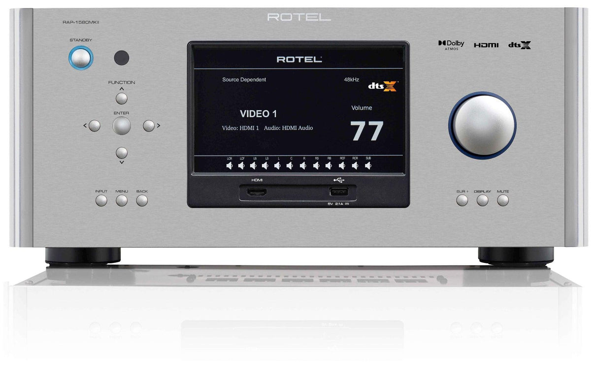 Rotel RAP-1580MKII SILVER amplificatore home cinema 7.2 canali 4K Dolby Atmos e DTS:X in 7.1.4 DAC Wolfson a 24bit/192KHz - TechSoundSystem.com