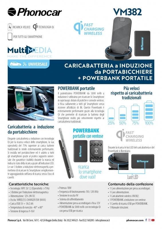 Phonocar VM382 Caricabatteria a induzione da portabicchiere Universale per Smartphone con Powerbank portatile - TechSoundSystem.com