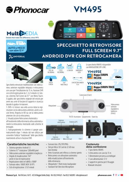 Phonocar VM495 specchietto retrovisore Fullscreen 9.7" Android e DVR con retrocamera - TechSoundSystem.com