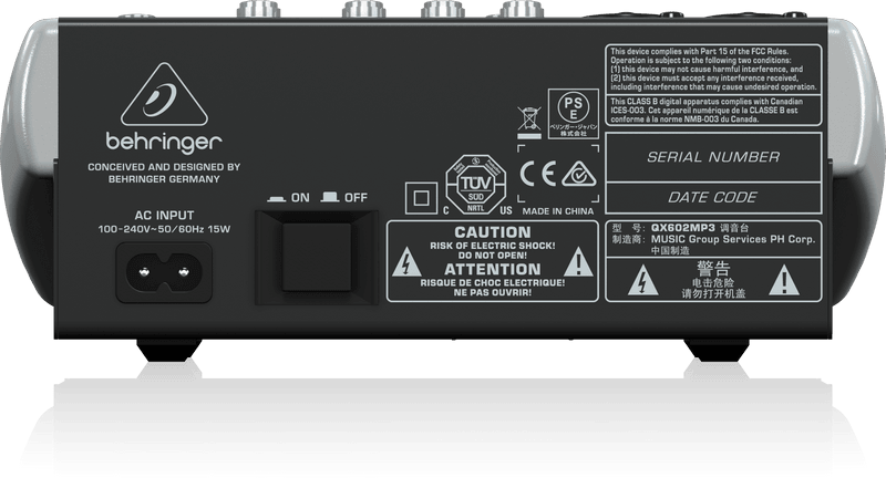 BEHRINGER QX602-MP3 XENYX MIXER 6 CANALI LETTORE MP3/USB EFFETTI VOCE KARAOKE REVERBERO/DELAY +48V - TechSoundSystem.com