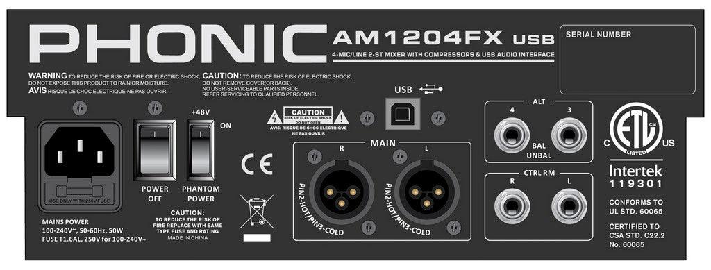 PHONIC AM1204FX MIXER 8 CANALI CON EFFETTI DIGITALI PHANTOM 48 V SLIDER STEREO 60MM - TechSoundSystem.com