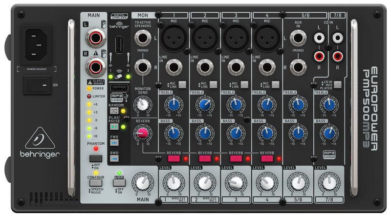 BEHRINGER PMP500MP3 EUROPORT MIXER AMPLIFICATO 8 CANALI EFFETTI FBQ 500 WATT 4 MIC XLR IN + 2 STEREO - TechSoundSystem.com