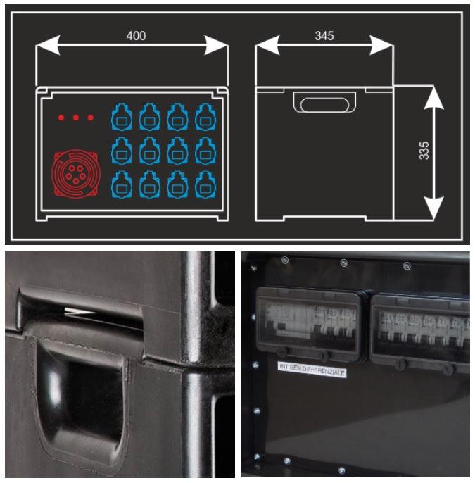 POWER-BOX CUBO SPIE RETE INGRESSO SPINA 32A MASCHIO 5P USCITE 6 PRESE CEE 16A 2P+ 3 SCHUKO 16A + 32A 5P LOOP - TechSoundSystem.com