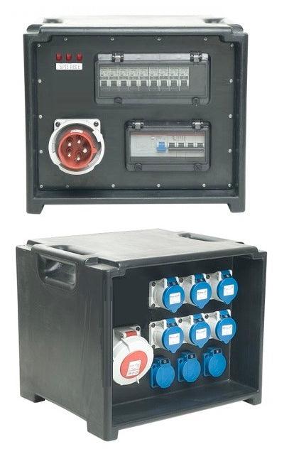 POWER-BOX CUBO SPIE RETE INGRESSO SPINA 32A MASCHIO 5P USCITE 6 PRESE CEE 16A 2P+ 3 SCHUKO 16A + 32A 5P LOOP - TechSoundSystem.com