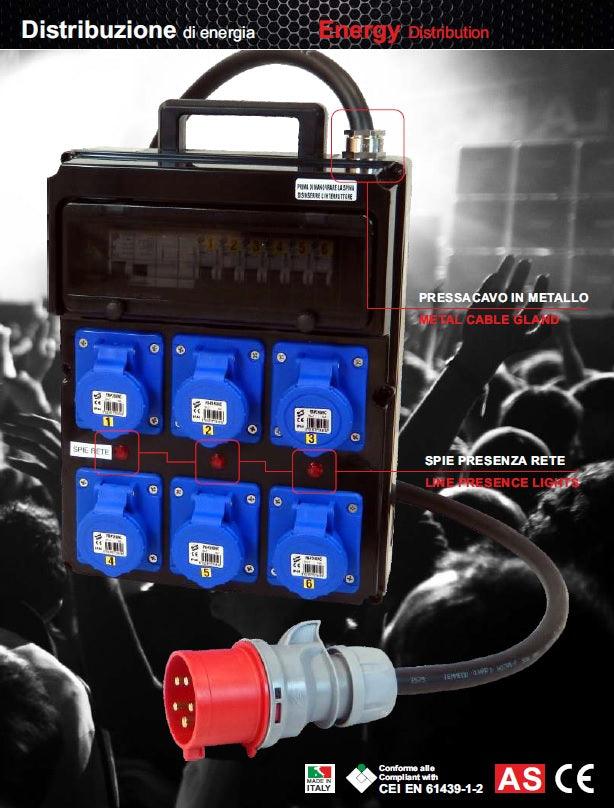 QUADRO CORRENTE POWERBOX POLICARBONATO PRESSACAVO METALLO SPIE RETE DA SPINA 32A MASCHIO 5P A 6 PRESE CEE 16A 2P+T FEMMINA - TechSoundSystem.com